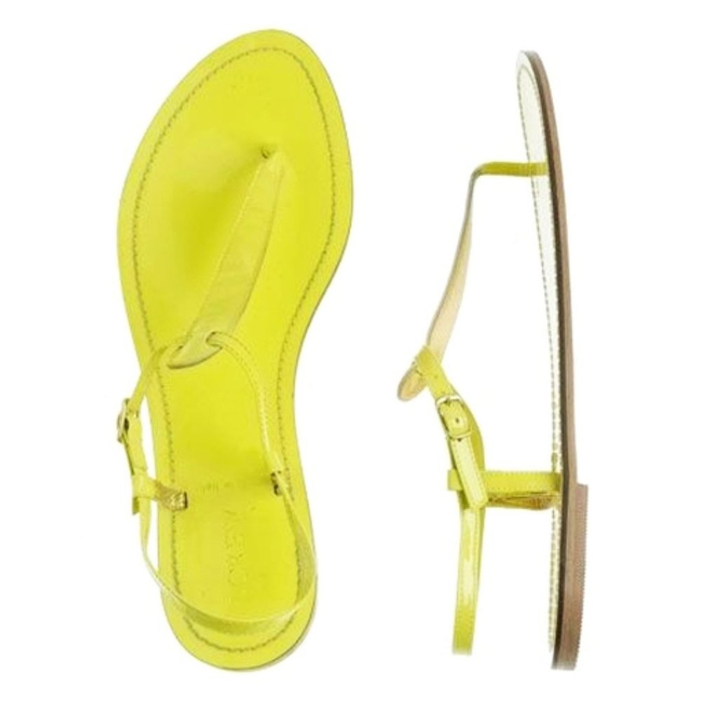 J. Crew Dauphine Neon Patent T-Strap Sandals Yellow Tan Leather Buckle Flats 6